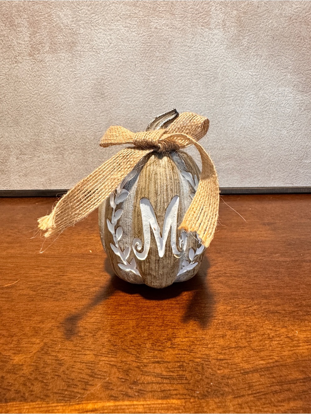 Rustic Cream Decorative Pumpkin with Burlap Bow - Initial M